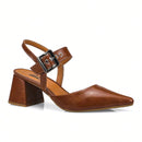 Scarpin Feminino Bico Fino Salto Bloco com Fivela Caramelo