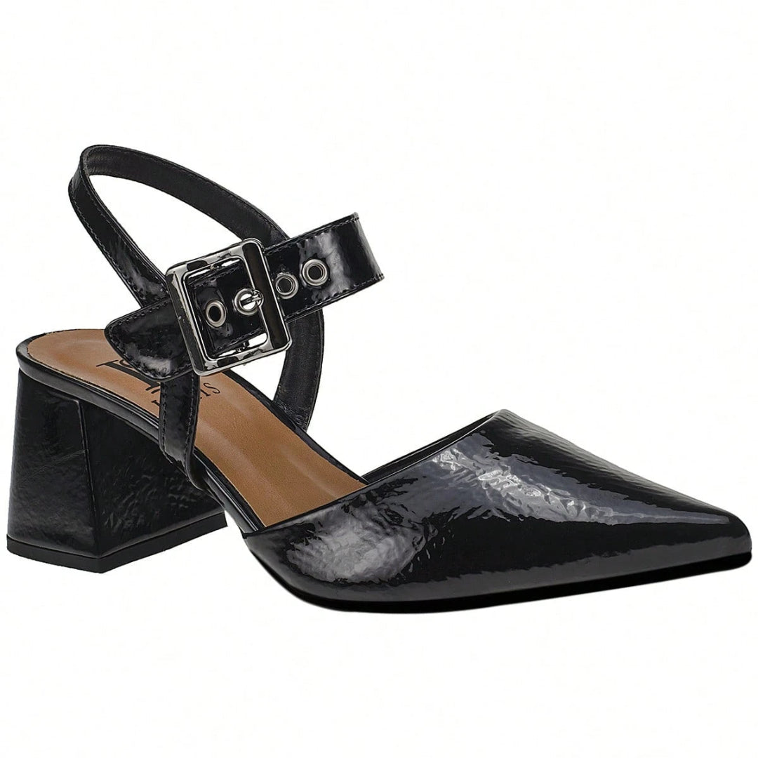 Scarpin Feminino Bico Fino Salto Bloco com Fivela Preto