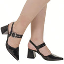 Scarpin Feminino Bico Fino Salto Bloco com Fivela Preto