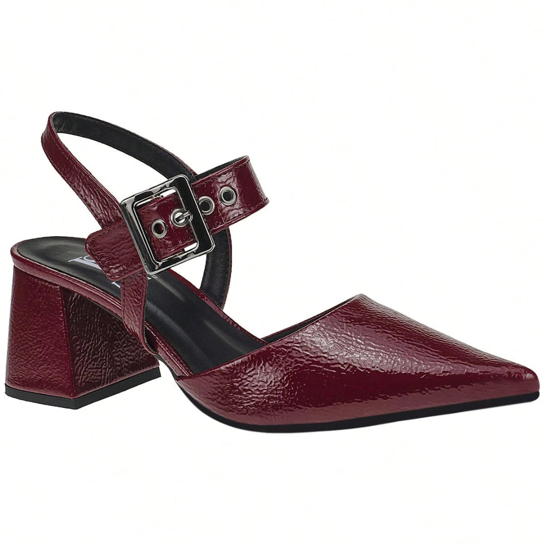 Scarpin Feminino Bico Fino Salto Bloco com Fivela Vinho