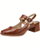 Scarpin Feminino Bico Quadrado Salto Bloco Baixo Mary Jane com Fivela Caramelo