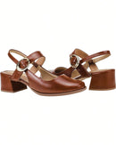 Scarpin Feminino Bico Quadrado Salto Bloco Baixo Mary Jane com Fivela Caramelo