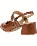 Scarpin Feminino Bico Quadrado Salto Bloco Baixo Mary Jane com Fivela Caramelo