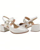 Scarpin Feminino Bico Quadrado Salto Bloco Baixo Mary Jane com Fivela Off White