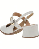 Scarpin Feminino Bico Quadrado Salto Bloco Baixo Mary Jane com Fivela Off White