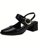 Scarpin Feminino Bico Quadrado Salto Bloco Baixo Mary Jane com Fivela Preto