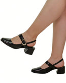 Scarpin Feminino Bico Quadrado Salto Bloco Baixo Mary Jane com Fivela Preto