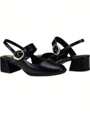 Scarpin Feminino Bico Quadrado Salto Bloco Baixo Mary Jane com Fivela Preto
