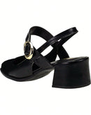 Scarpin Feminino Bico Quadrado Salto Bloco Baixo Mary Jane com Fivela Preto