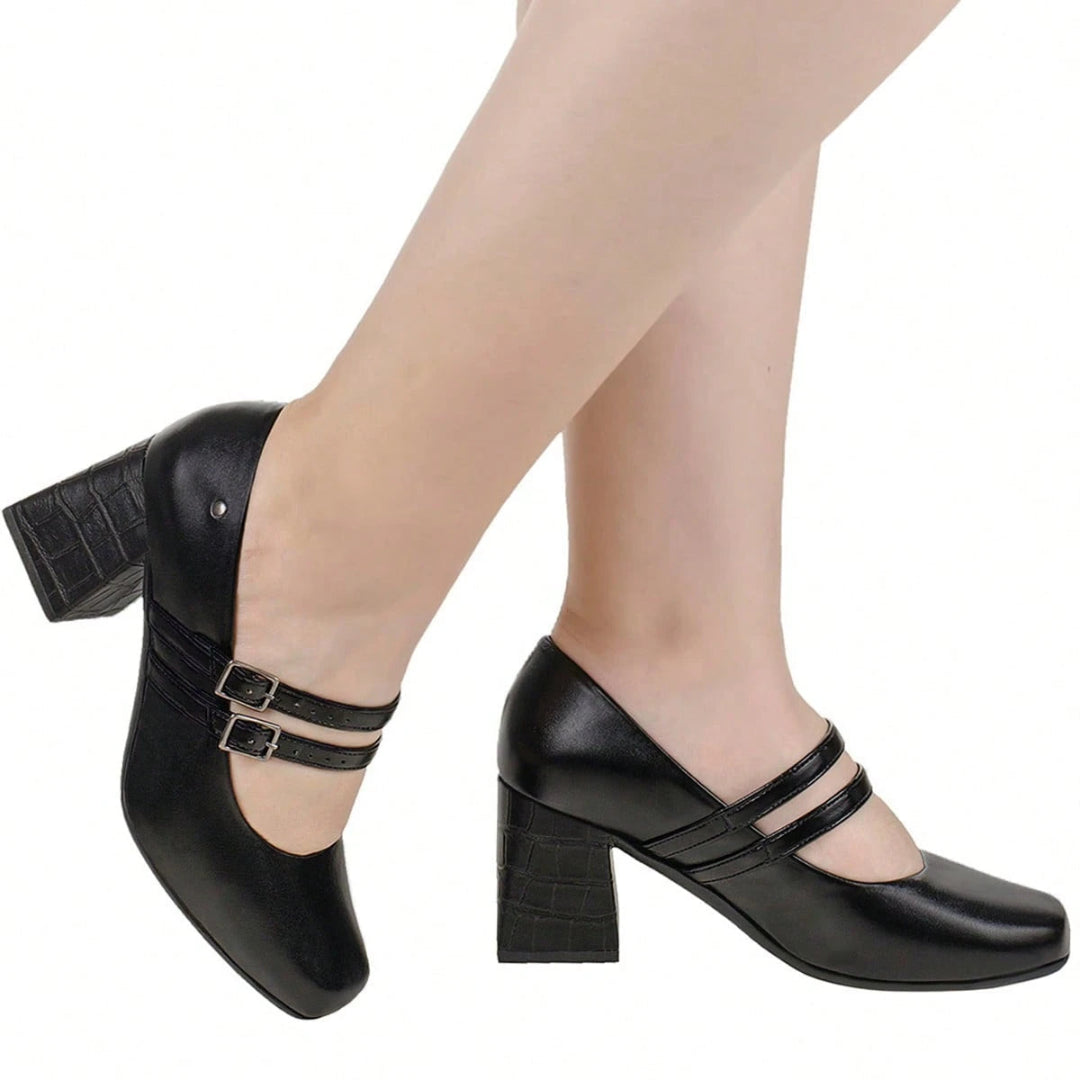 Scarpin Feminino Boneca Bico Quadrado Salto Bloco Croco