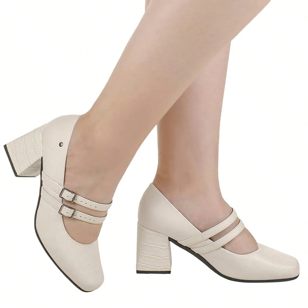 Scarpin Feminino Boneca Bico Quadrado Salto Bloco Croco