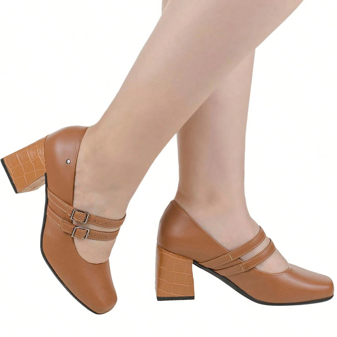 Scarpin Feminino Boneca Bico Quadrado Salto Bloco Croco