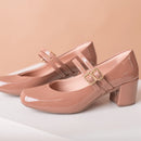 Scarpin Feminino Mary Jane Salto Bloco e Bico Quadrado Retrô Bege