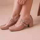 Scarpin Feminino Mary Jany Salto Bloco e Bico Quadrado Retrô Bege