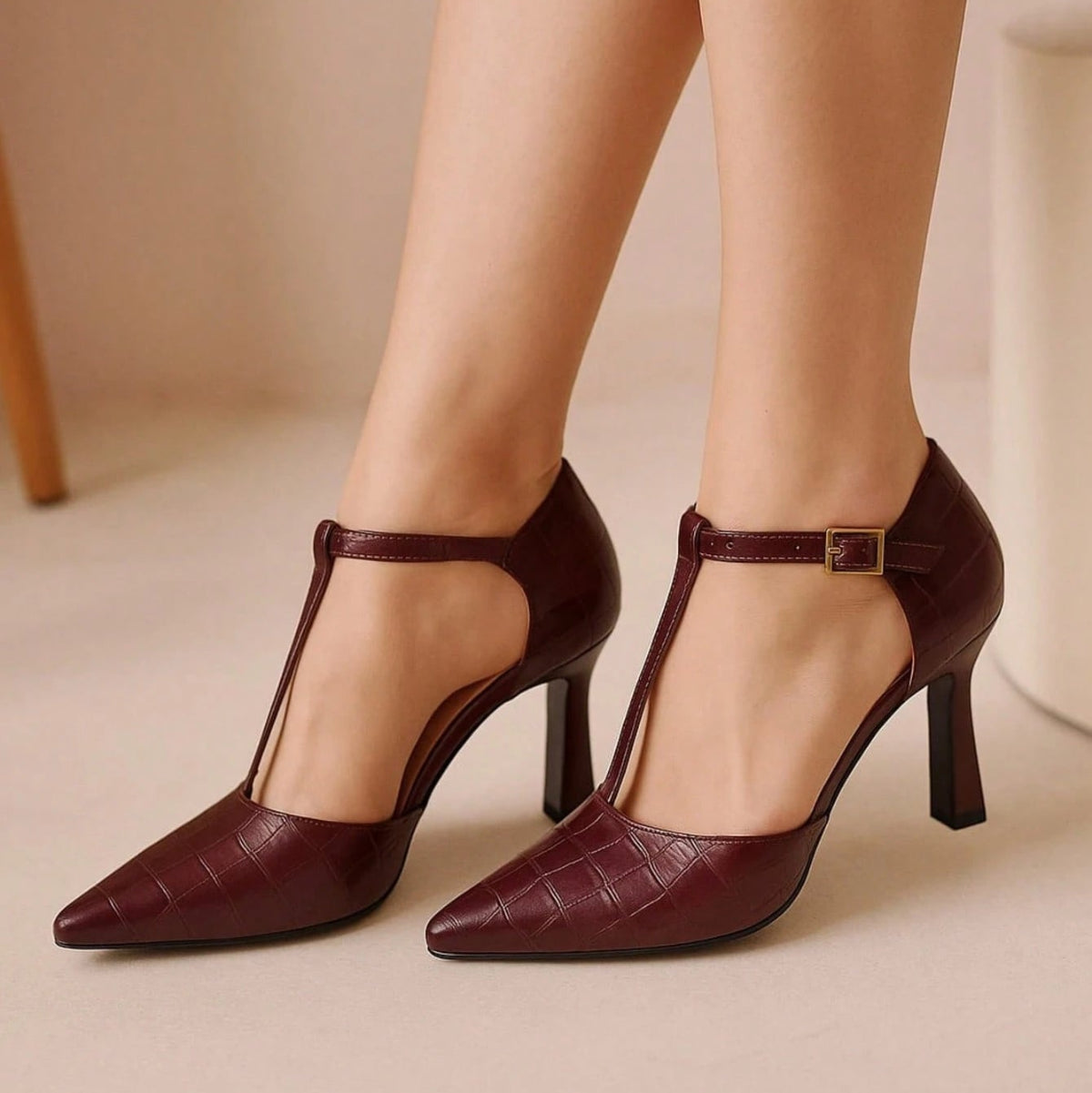 Scarpin Feminino Salto Fino Taça Croco Marsala