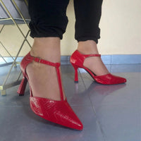 Scarpin Feminino Salto Fino Taça Croco Vermelho