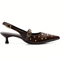 Scarpin Feminino Slingback Bico Fino Salto Baixo Fino Confortável Marrom 