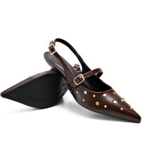 Scarpin Feminino Slingback Bico Fino Salto Baixo Fino Confortável Marrom 
