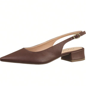 Scarpin Feminino Slingback Bico Fino Salto Bloco Baixo Fivela Lateral Marrom
