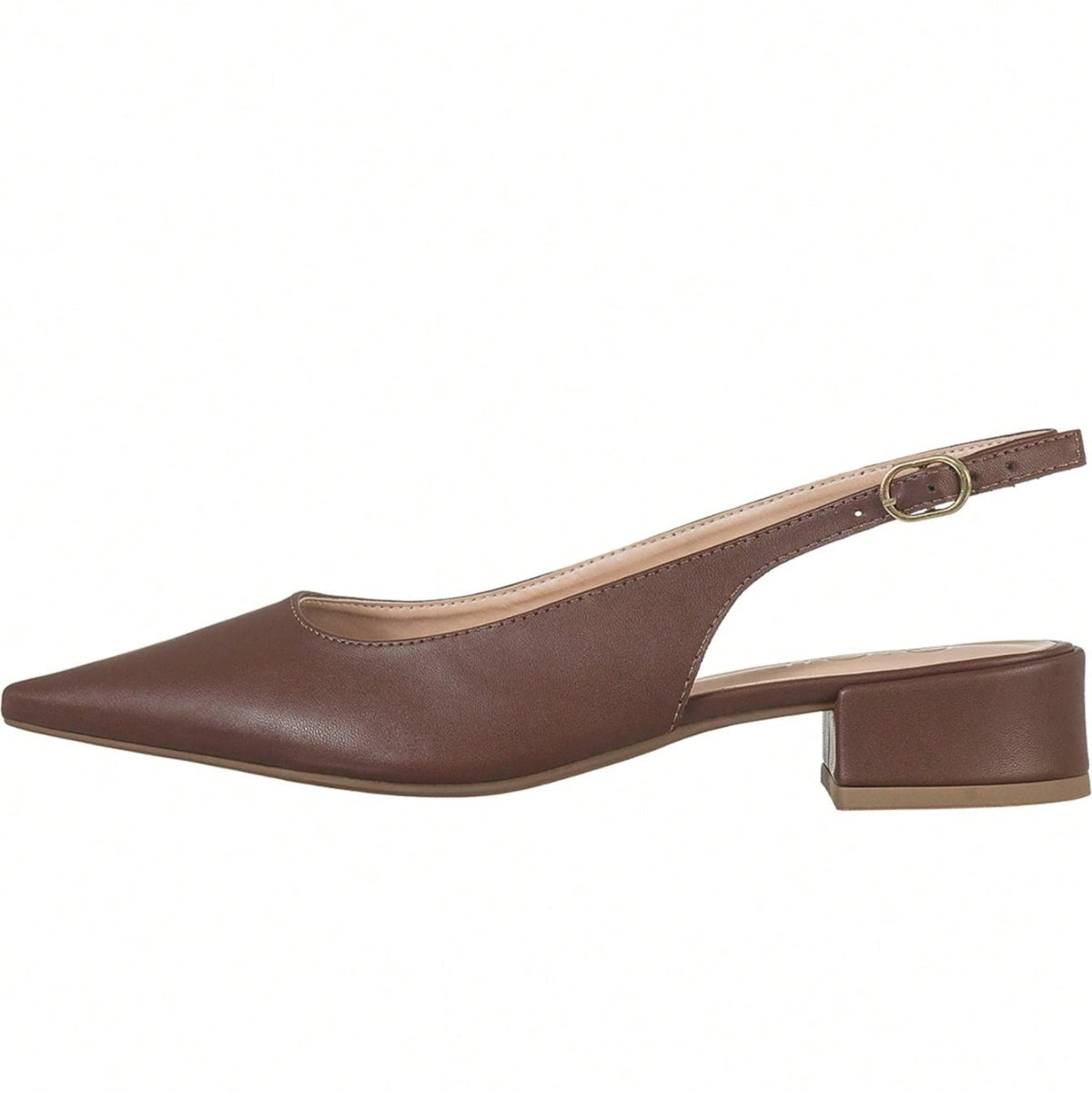 Scarpin Feminino Slingback Bico Fino Salto Bloco Baixo Fivela Lateral Marrom