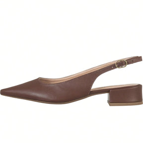 Scarpin Feminino Slingback Bico Fino Salto Bloco Baixo Fivela Lateral Marrom