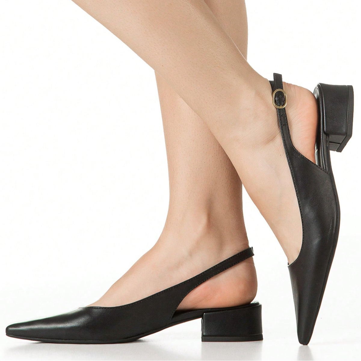 Scarpin Feminino Slingback Bico Fino Salto Bloco Baixo Fivela Lateral Preto