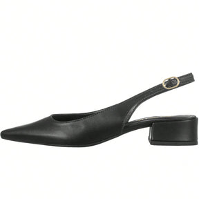 Scarpin Feminino Slingback Bico Fino Salto Bloco Baixo Fivela Lateral Preto