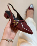 Scarpin Feminino Slingback Bico Fino Salto Bloco Baixo e Fivelas Marsala