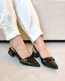 Scarpin Feminino Slingback Bico Fino Salto Bloco Baixo e Fivelas Preto