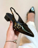 Scarpin Feminino Slingback Bico Fino Salto Bloco Baixo e Fivelas Preto