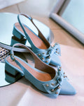 Scarpin Feminino Slingback Bico Fino Salto Bloco Baixo e Laço Azul