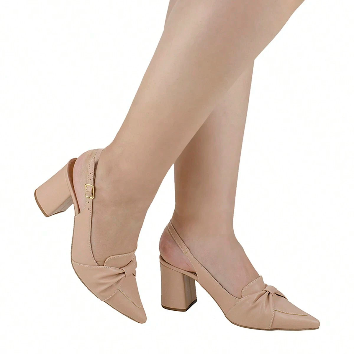 Scarpin Feminino Slingback Bico Fino Salto Quadrado Loafer Bege