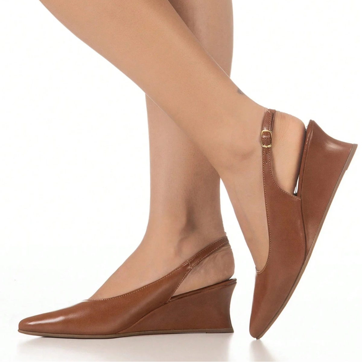 Scarpin Feminino Slingback Salto Baixo Anabela Bico Fino Salto Cunha Elegante Marrom