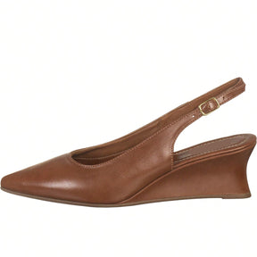 Scarpin Feminino Slingback Salto Baixo Anabela Bico Fino Salto Cunha Elegante Marrom