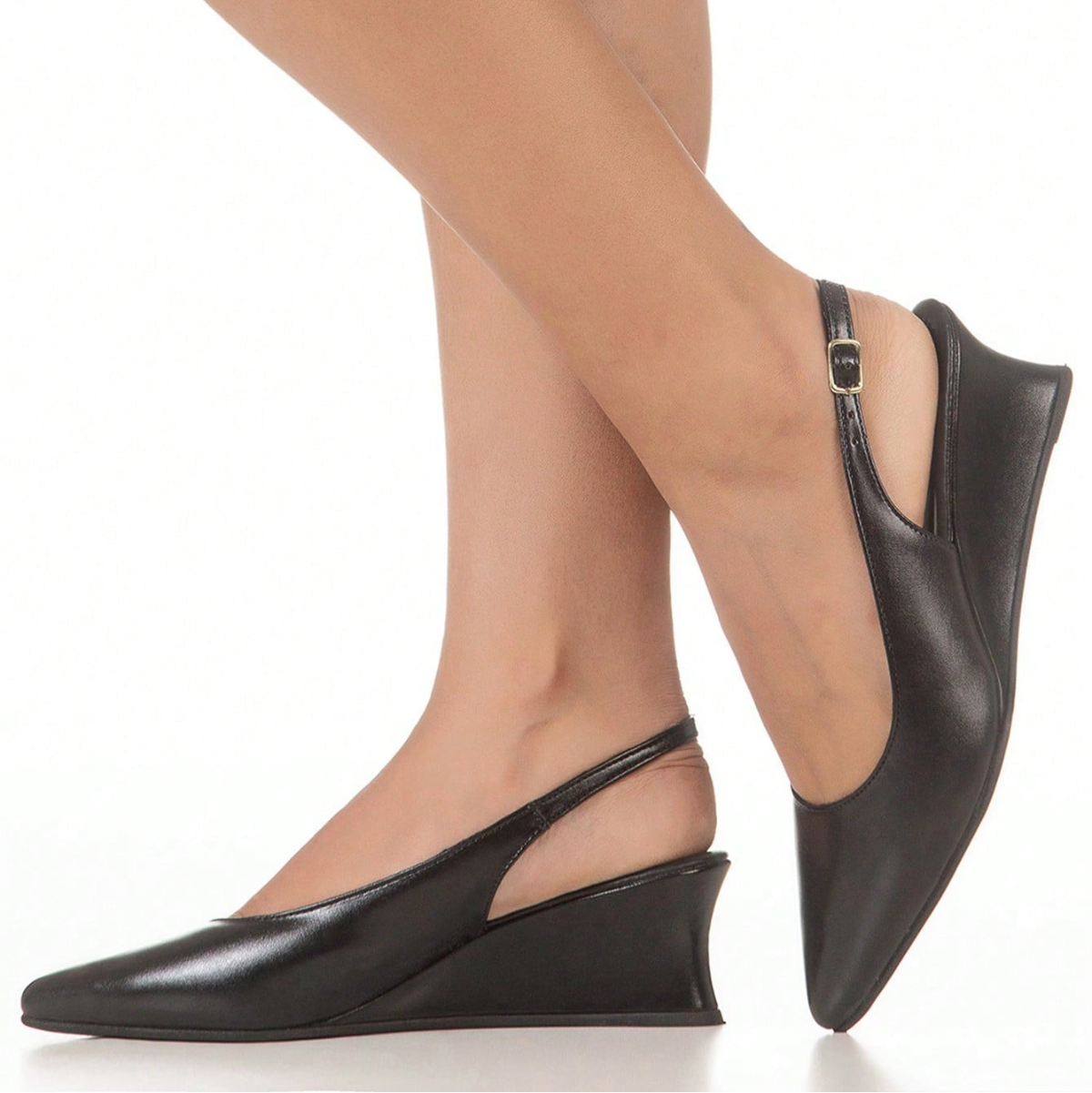 Scarpin Feminino Slingback Salto Baixo Anabela Bico Fino Salto Cunha Elegante Preto