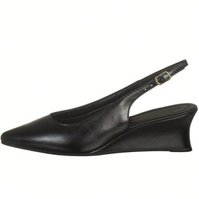 Scarpin Feminino Slingback Salto Baixo Anabela Bico Fino Salto Cunha Elegante Preto