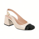 Scarpin Feminino Slingback Salto Grosso Bico Quadrado Bicolor Off White