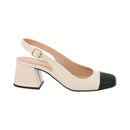 Scarpin Feminino Slingback Salto Grosso Bico Quadrado Bicolor Off White