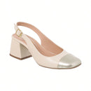 Scarpin Feminino Slingback Salto Grosso Bico Quadrado Bicolor Off White e Dourado