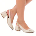 Scarpin Feminino Slingback Salto Grosso Bico Quadrado Bicolor Off White e Dourado