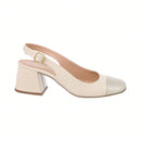 Scarpin Feminino Slingback Salto Grosso Bico Quadrado Bicolor Off White e Dourado