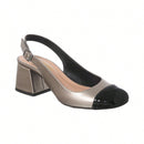 Scarpin Feminino Slingback Salto Grosso Bico Quadrado Bicolor Prata Velho