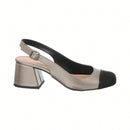 Scarpin Feminino Slingback Salto Grosso Bico Quadrado Bicolor Prata Velho