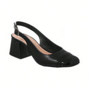 Scarpin Feminino Slingback Salto Grosso Bico Quadrado Bicolor Preto