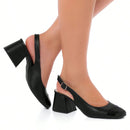 Scarpin Feminino Slingback Salto Grosso Bico Quadrado Bicolor Preto