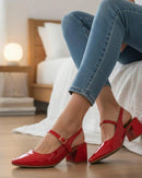 Scarpin Feminino Slingback Verniz Salto Bloco Médio com Tira e Fivela Ajustável Vermelho