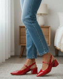 Scarpin Feminino Slingback Verniz Salto Bloco Médio com Tira e Fivela Ajustável Vermelho