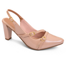 Scarpin Slingback Feminino Bico Fino e Salto Confortável com Fivelas Bege