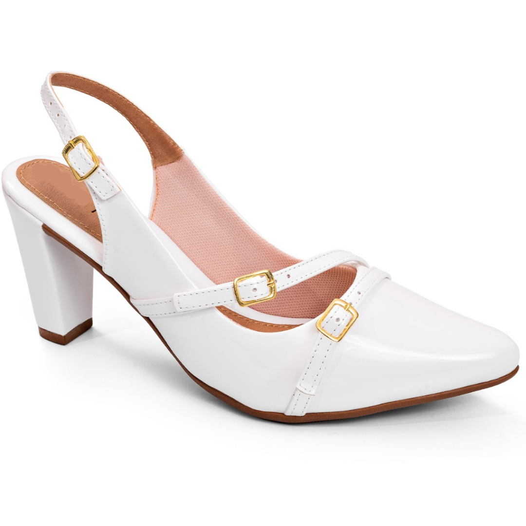 Scarpin Slingback Feminino Bico Fino e Salto Confortável com Fivelas Branco