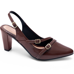 Scarpin Slingback Feminino Bico Fino e Salto Confortável com Fivelas Marrom